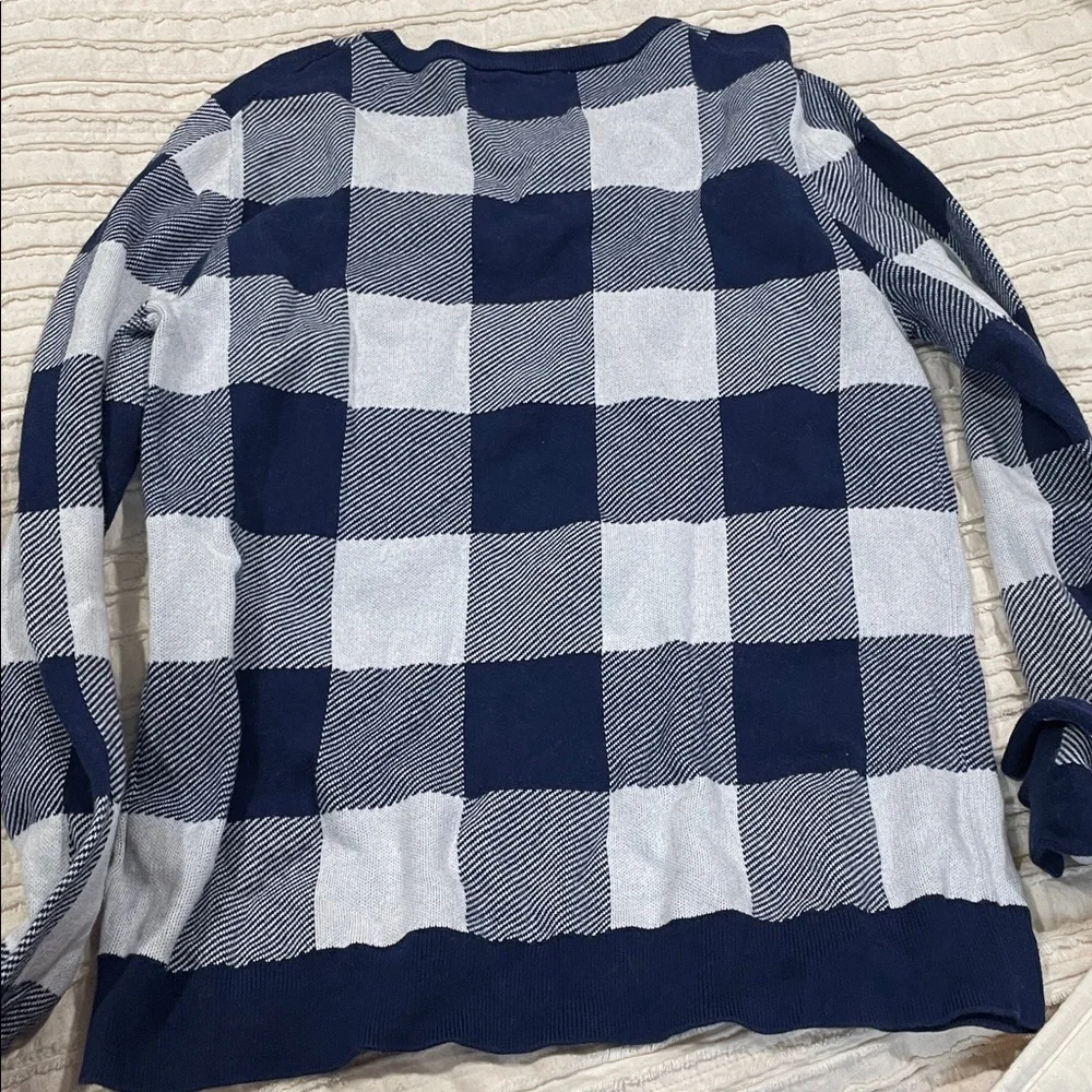J. Crew Teddie Check Jacquard pullover Blue and White Plaid Crewneck